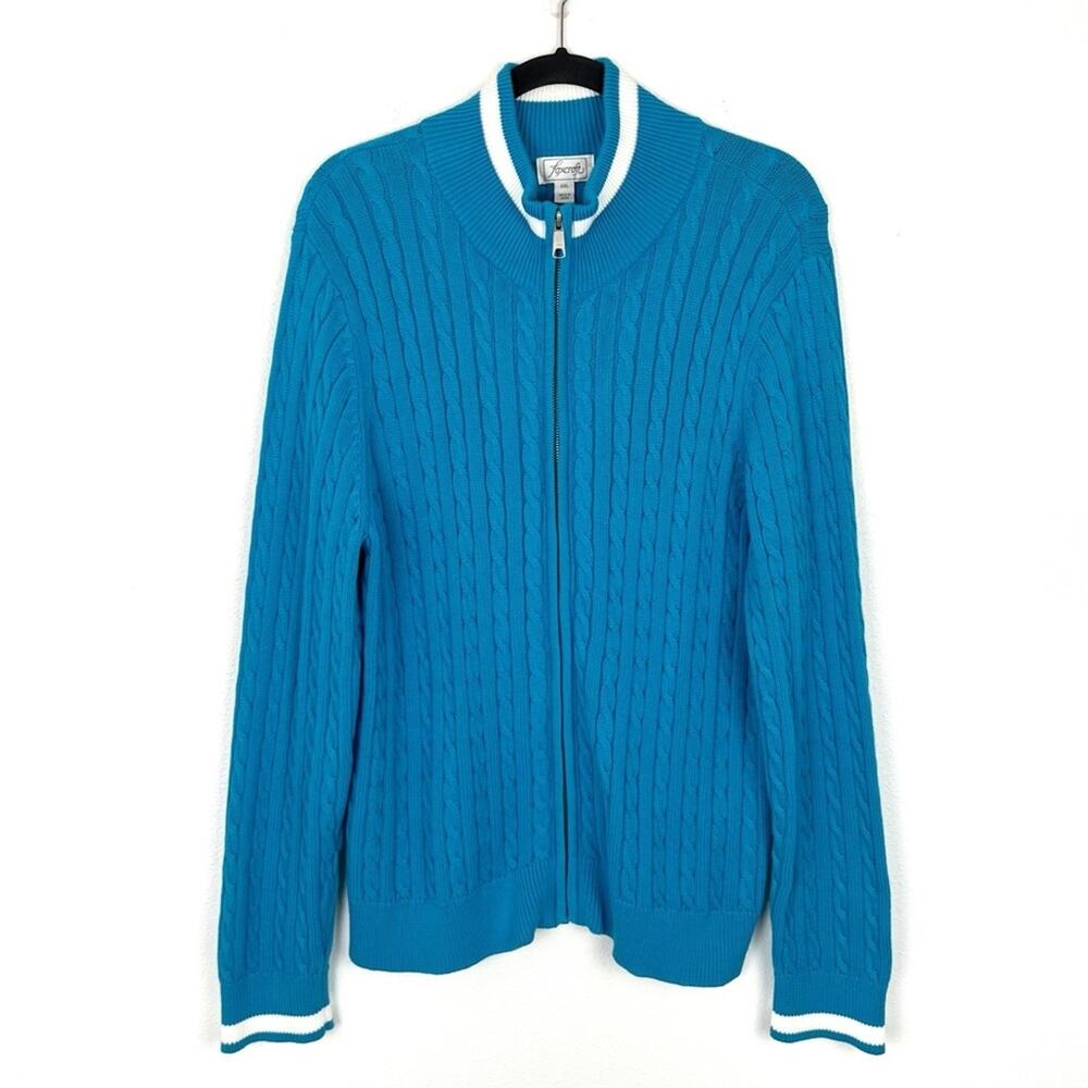 Foxcroft Women’s Cardigan Sweater Cable Knit Full Zip Preppy Nautical XXL Blue